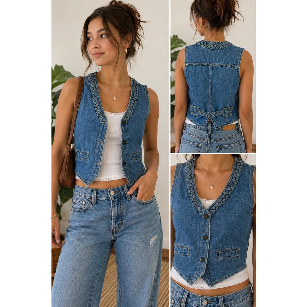Vintage Faded Glory Denim Vest Kids Medium Braided Trim Western 11-13